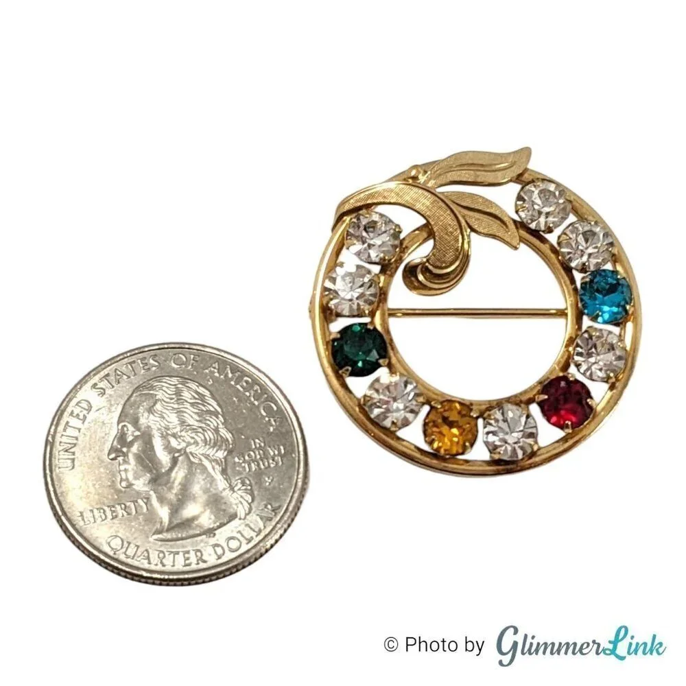 Vintage Van Dell Mid-Century Multicolor Rhinestone Wreath Gold Filled Brooch Pin